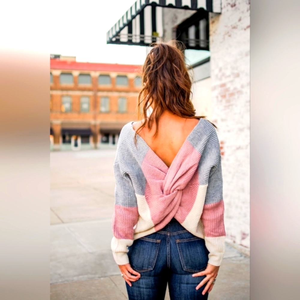 FREE SHIPPING!!! Mainstrip Color Block Twist Back Drop Shoulder Sweater - S